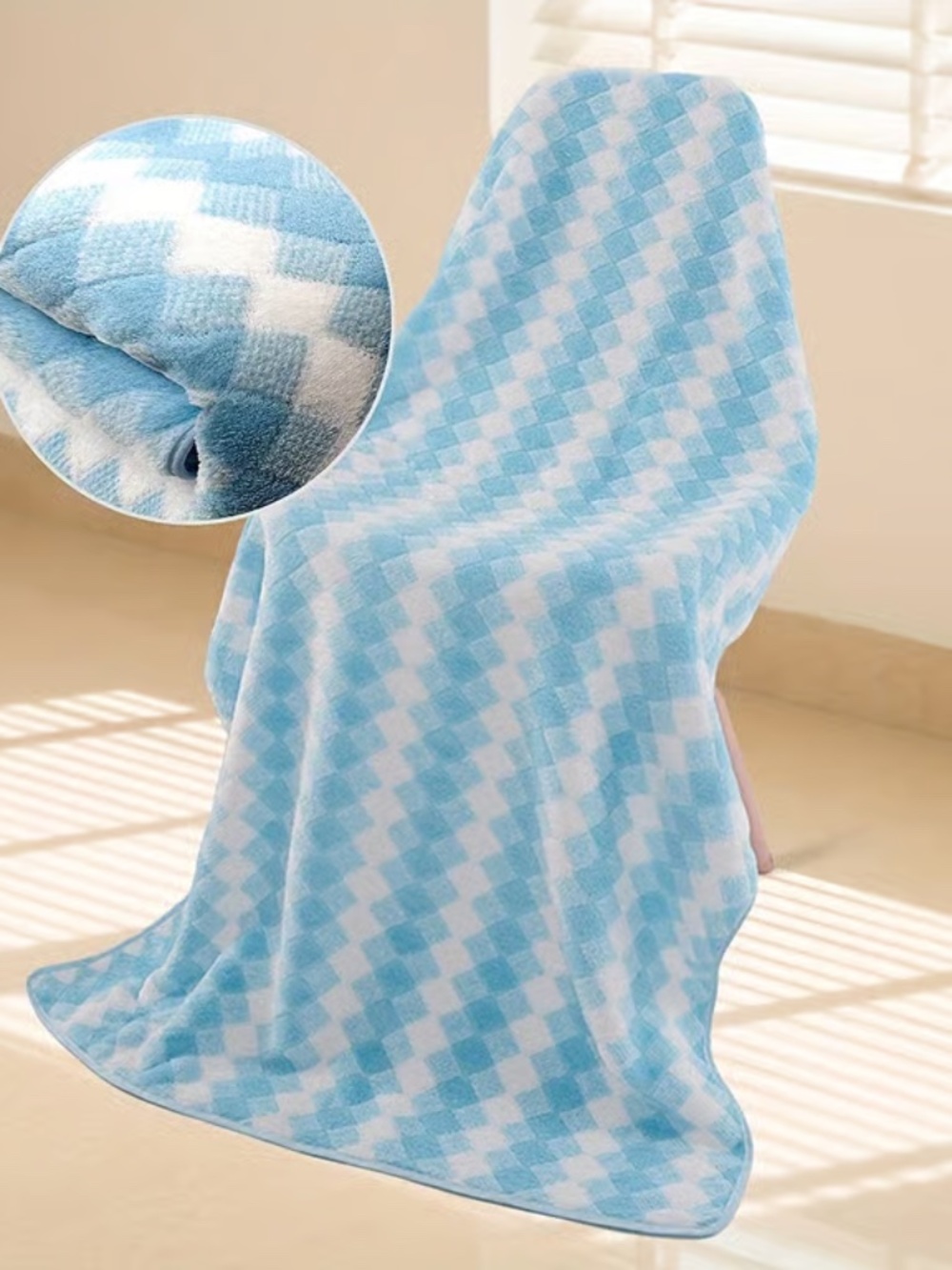 Plush Soft Wearable Bath Towel Wrap (Blue & White Checkered Diamond Pattern) NIP